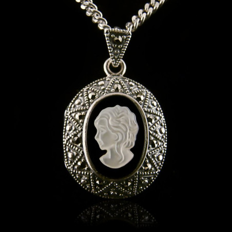 Locket Pendant Cameo "Empress Carlota" Onyx & Marcasite