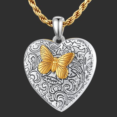 Ciondolo Portafoto a forma di cuore "l'affetto della farfalla" adornato con una farfallina dorata 18k Ciondolo Portafoto a forma di cuore "l'affetto della farfalla" adornato con una farfallina dorata 18k