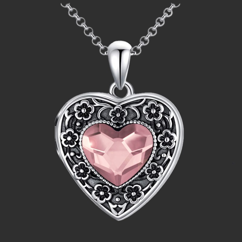 "Forget-Me-Not Flower" Pink Swarovski Locket pendant heart shape sterling silver