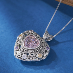 Elizabeth: Vintage Scroll Pink Topaz Heart Locket Pendant - A Sterling Embrace of Abundant Love